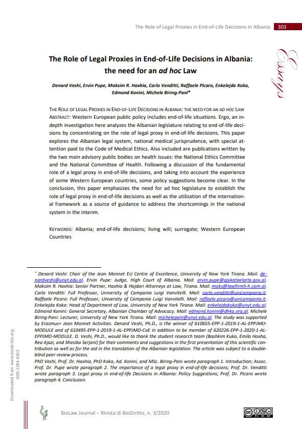 The Role of Legal Proxies in End-Of-Life Decisions in Albania: the need for an ad hoc Law